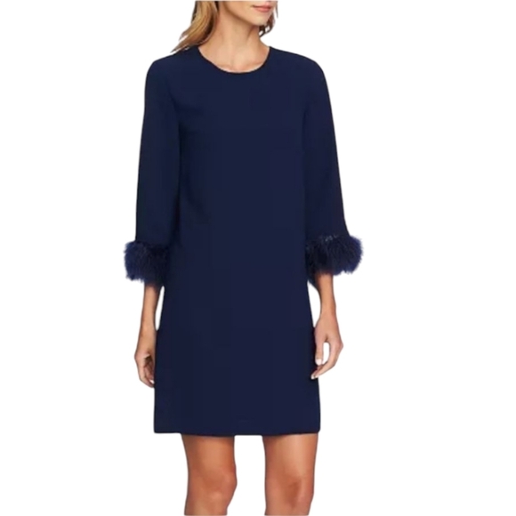 Feather Trim Blue Dress  Cece Office Siren Cocktail Party Glam Sz 4 - Picture 6 of 7